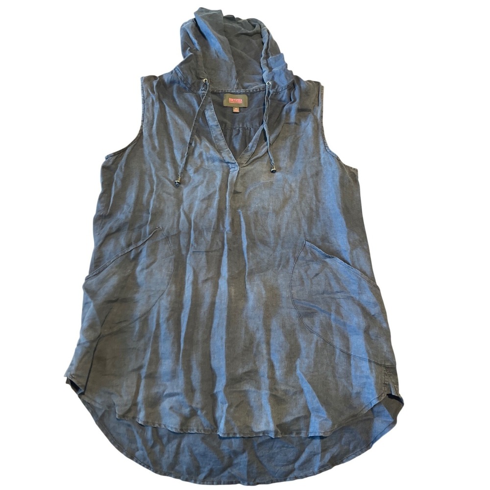 Forcynthia Beachwear Womens Medium‎ Blue Grey 100% Linen Hooded Tunic Top